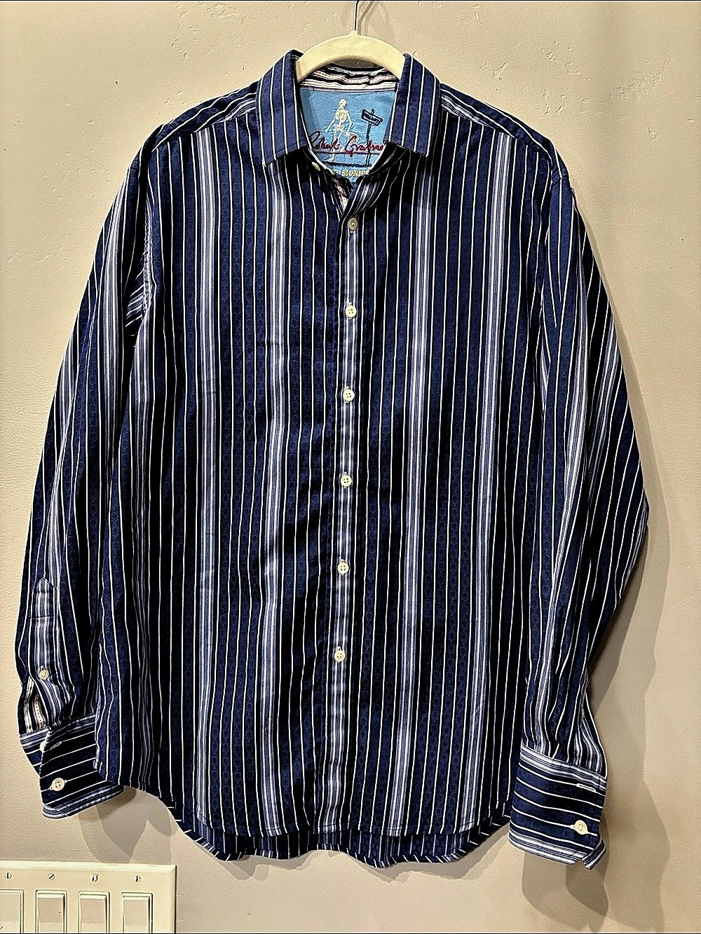 Robert Graham Old Money Men’s L Blue Stripe Silk Trim Shirt